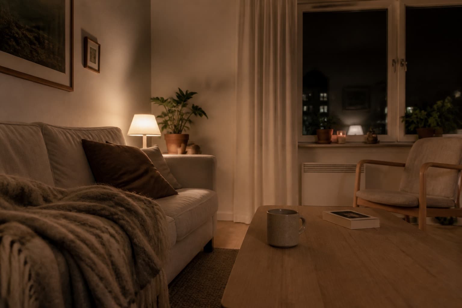 En stue i kveldssol, sofa og varm lampelys